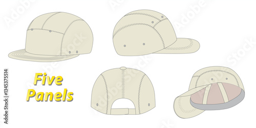 Set of five panel cap Dimensions, Various Hat Dimensions,  Design and Structure Illustration, isolated on white