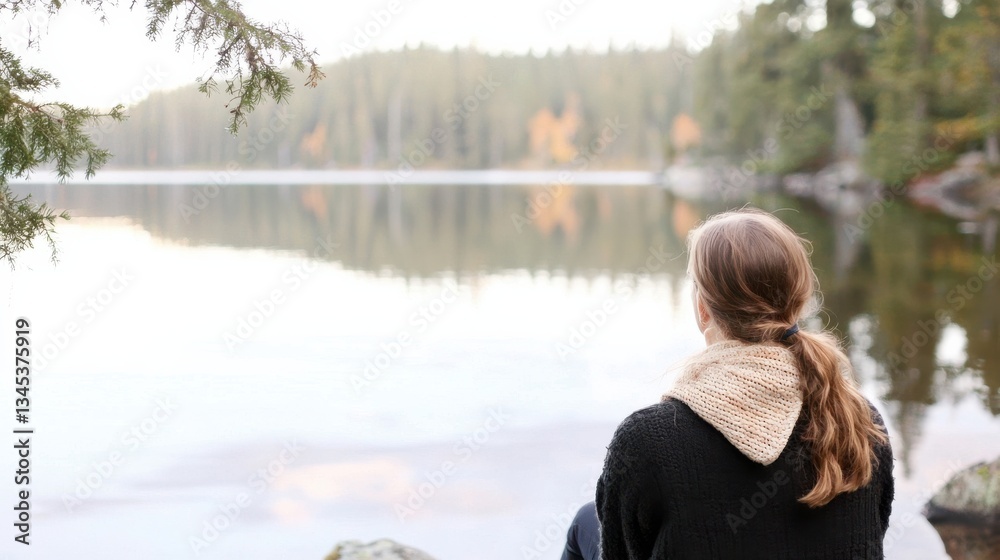 Person in black sweater and beige scarf standing by calm lake with evergreen forest in background Person in black sweater and beige scarf standing by calm lake with evergreen forest in background