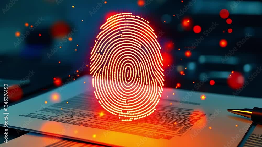 Digital fingerprint overlay on a document with blurred background elements suggesting security themes