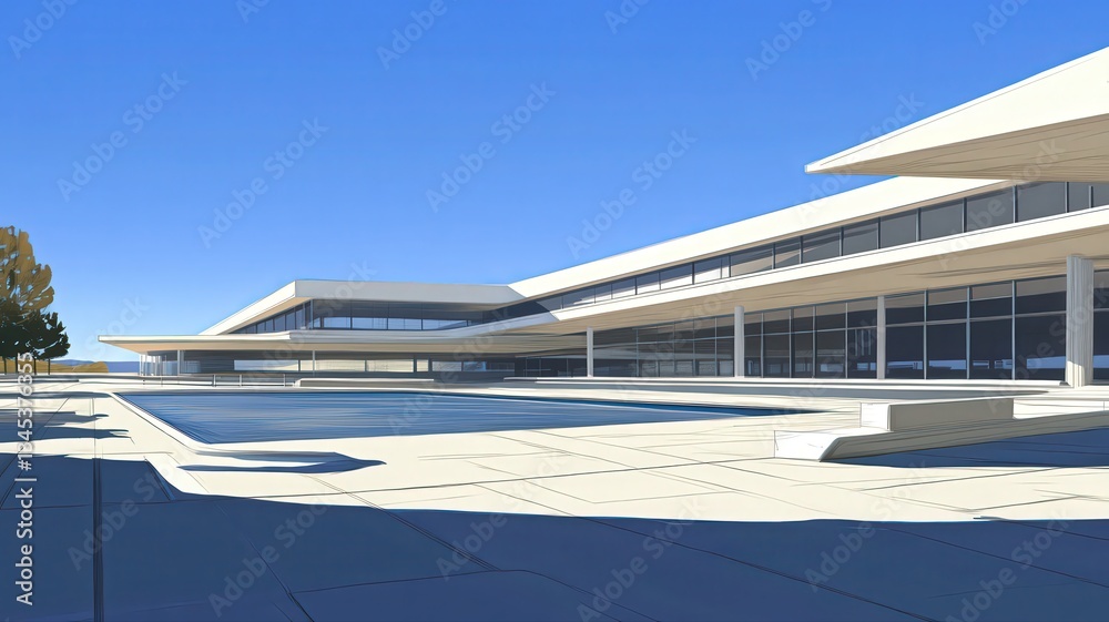 Fototapeta premium Modern White Building with Reflecting Pool Under Bright Sky