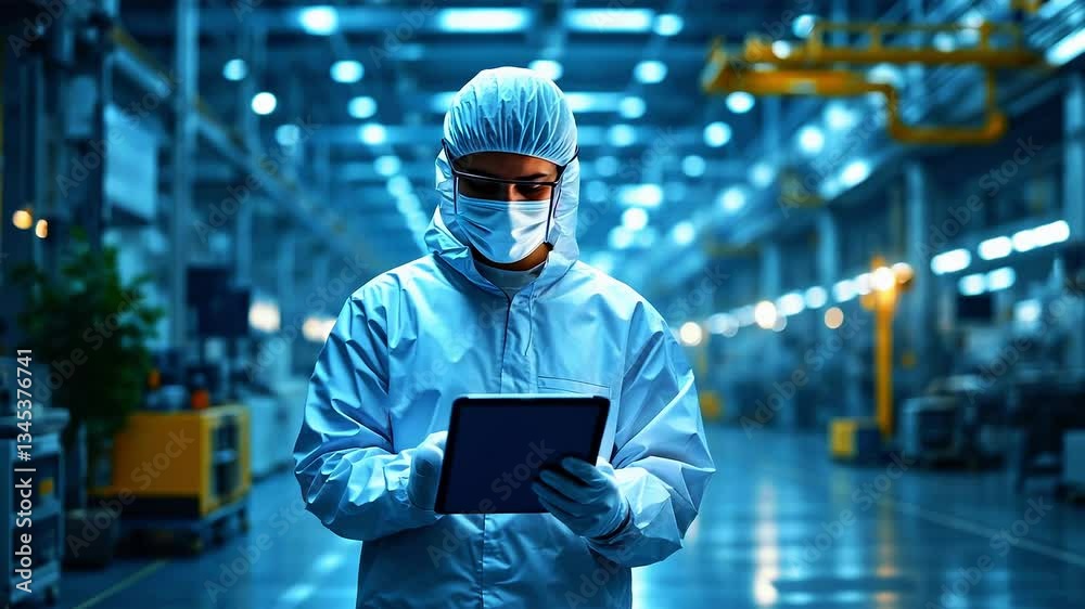 Technician in protective gear using a tablet in a high-tech industrial facility with machinery in the background