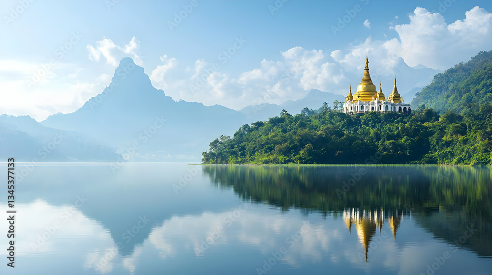 Naklejka premium Golden Temple Reflecting on Calm Lake in Myanmar Mountains
