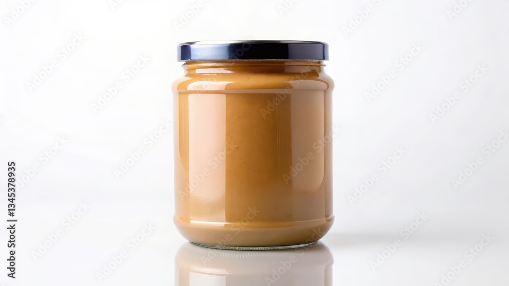 A peanut butter jar with a brown label and glass container sitting alone on a plain white background, surrounded by nothing but empty space, bottle, glass container