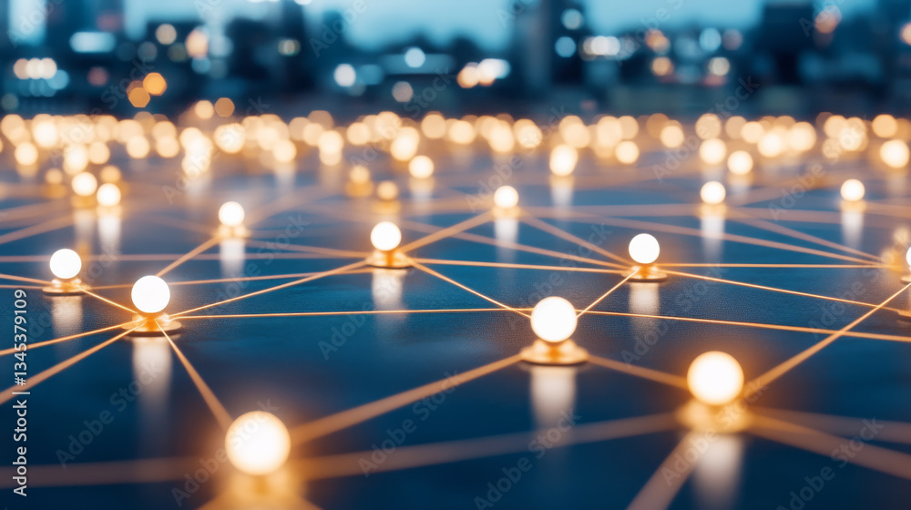 Naklejka premium network of glowing lights connected by lines creates vibrant, futuristic cityscape backdrop, evoking sense of connectivity and innovation