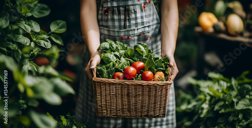 Person Holding A Woven Basket Of Fresh Vegetables In A Lush Green Garden