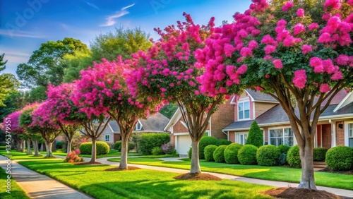Wallpaper Mural Lush crape myrtle trees with vibrant pink flowers bloom in a serene and peaceful neighborhood setting on a green lawn surrounded by tidy houses and trees , scenery, garden Torontodigital.ca
