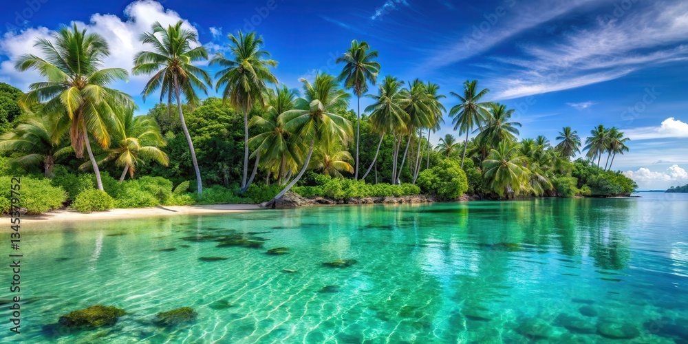 Obraz premium Serene tropical paradise with swaying palm trees and crystal-clear turquoise waters lapping against the shore in a picturesque bay amidst lush greenery , natural beauty, tropical island