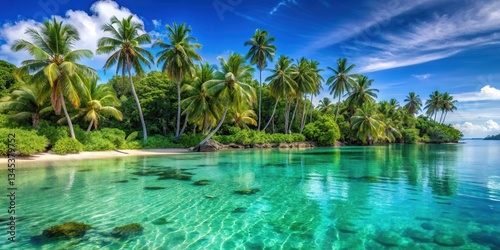Serene tropical paradise with swaying palm trees and crystal-clear turquoise waters lapping against the shore in a picturesque bay amidst lush greenery , natural beauty, tropical island
