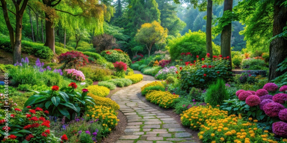 Obraz premium A winding stone path meanders through a lush garden filled with vibrant flowers and dense greenery, surrounded by towering trees and vibrant foliage , flowers, natural beauty