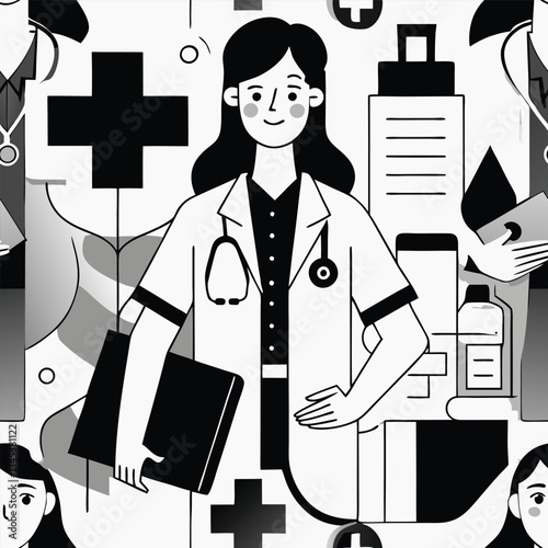 Female Physician in Professional Scrubs with Stethoscope and Patient Records