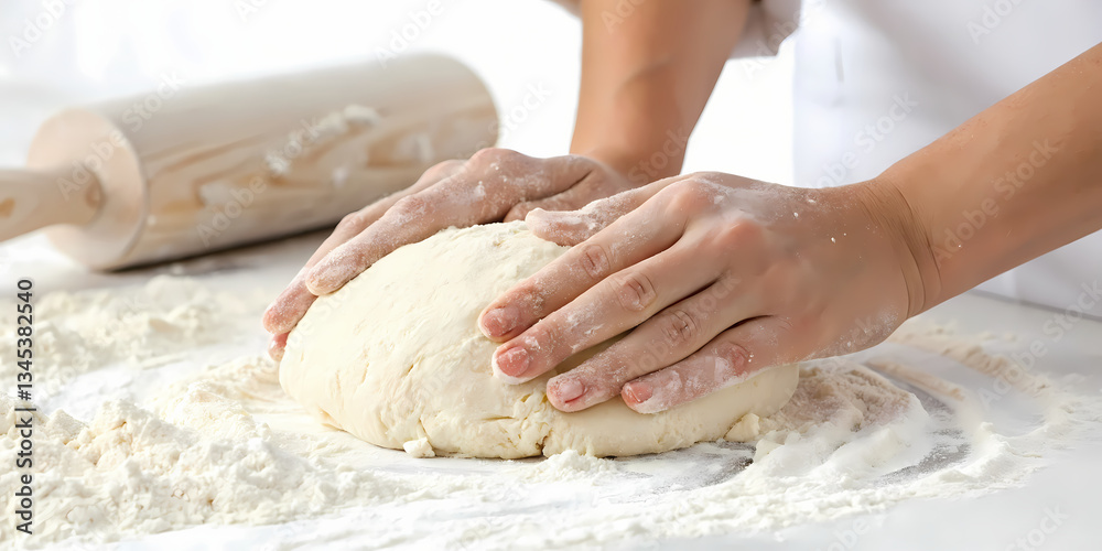 Hands Kneading Dough on a Floured Surface