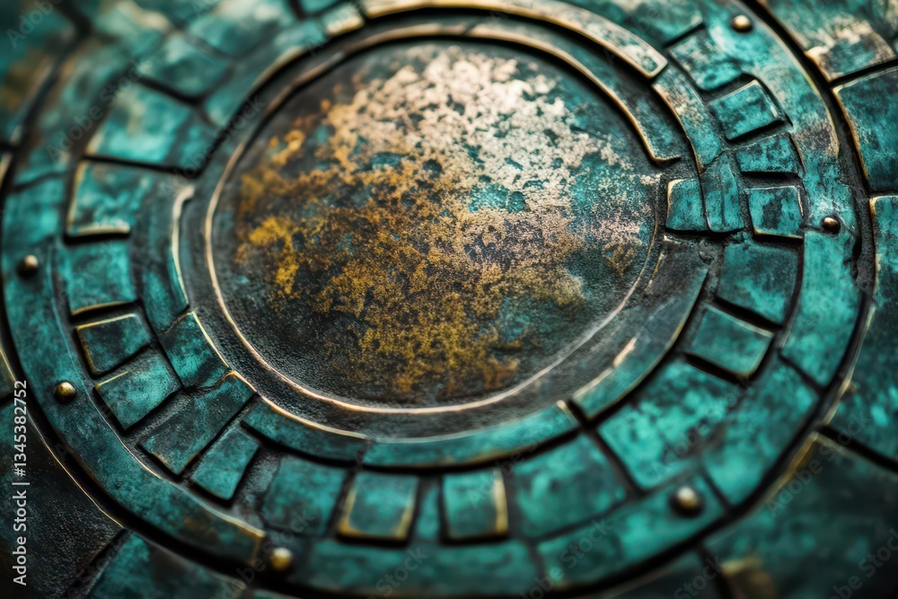 Obraz premium ancient brass shield surface with intricate patina patterns rich verdigris textures emerging through weathered metallic surface macro photography