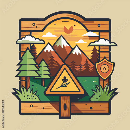 Vintage Wooden Wilderness Adventure Warning Board in a Serene Setting