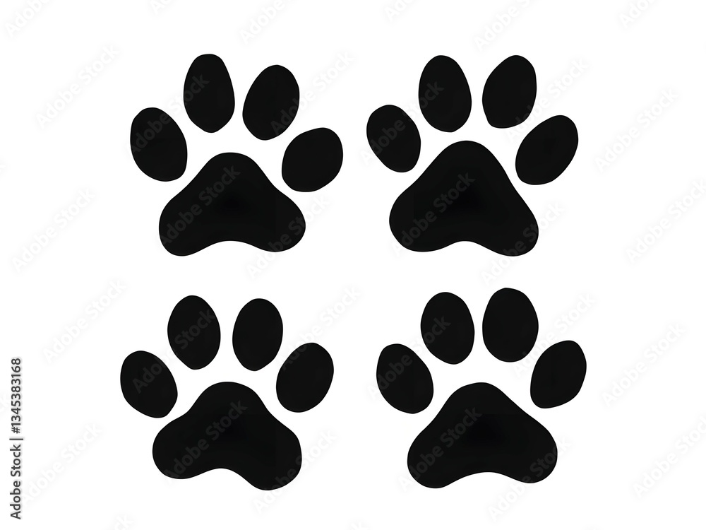 Fototapeta premium Four black dog paw prints on white background