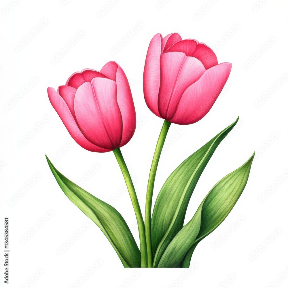 Fototapeta premium Beautiful Pink Tulips with Green Leaves, Perfect for Spring Floral Decoration and Graphic Design Elements