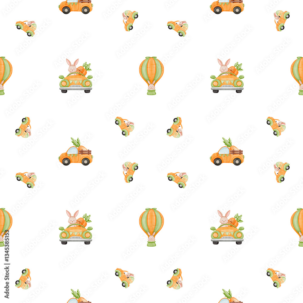 Obraz premium Watercolor cute rabbit and carrot on car and hot air balloon seamless pattern.