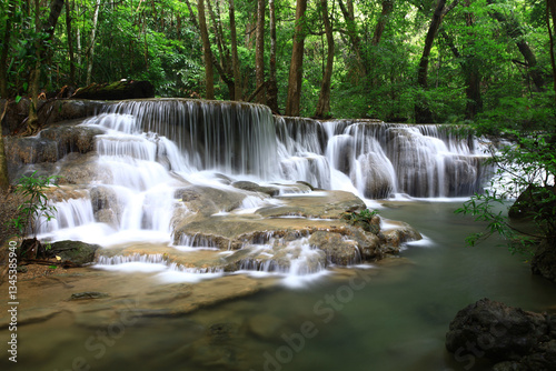 Beautiful nature of Huai Mae Khamin Waterfall or Huay Mae Khamin Waterfall in Sri Nakarin Dam National Park, Kanchanaburi province, Thailand