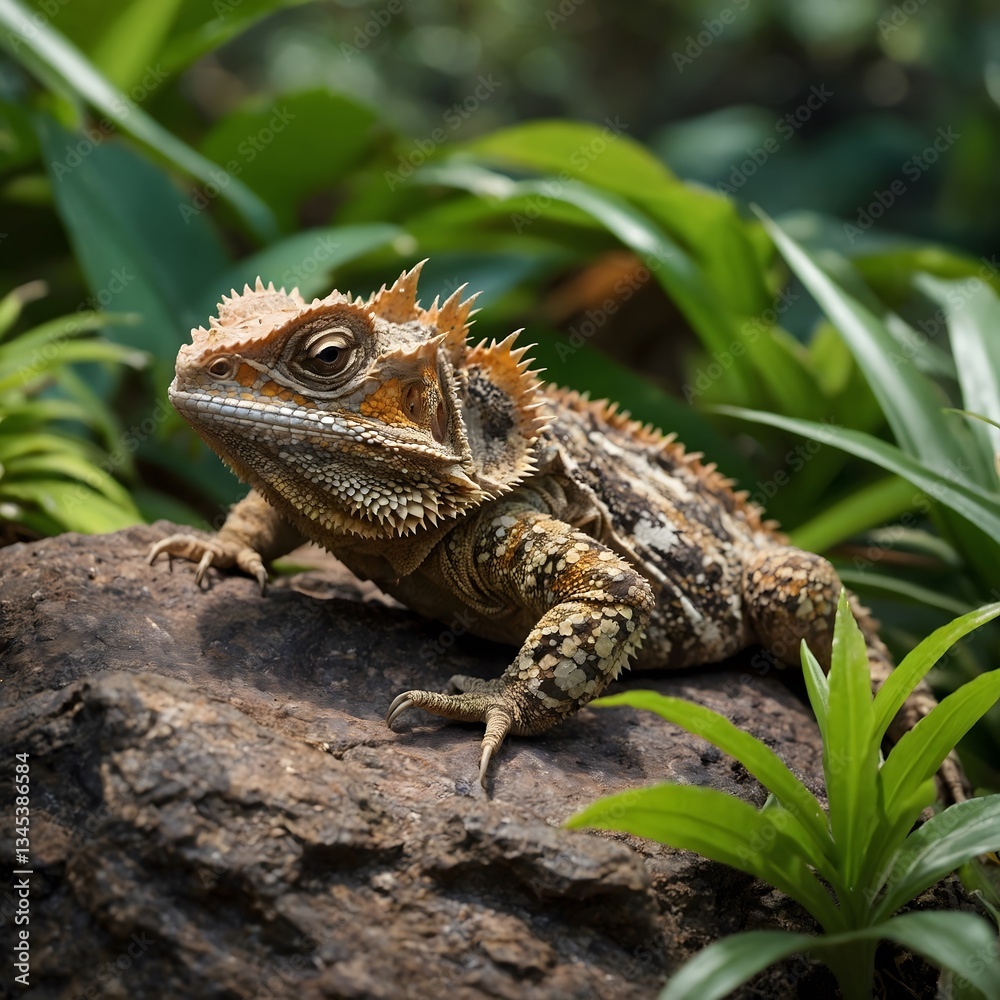 Obraz premium Nature’s Blend: Sri Lankan Horned Lizard Amidst Tropical Serenity