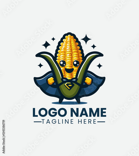 Cartoon corn cob superhero with cape and glasses. Playful food mascot concept