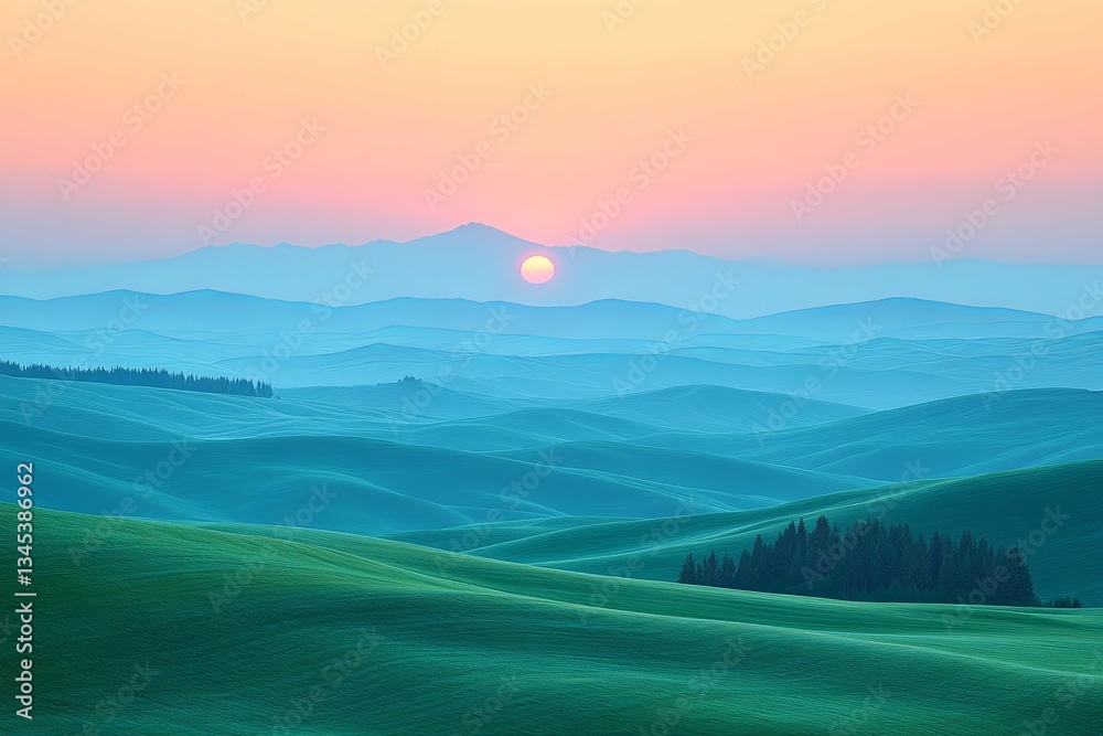 Beautiful rolling hills with the sun setting over the mountains Beautiful rolling hills with the sun setting over the mountains