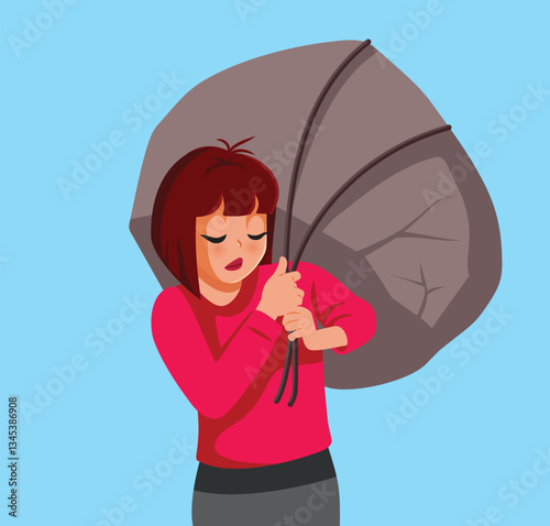 Strong Woman Carrying a Hard Rock on Her Shoulders Vector Illustration. Powerful person trying to overcome the feeling of overwhelming weight 