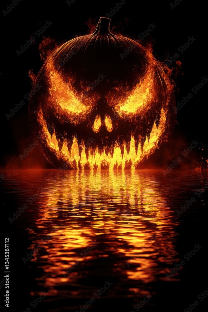 Fototapeta premium Fiery pumpkin face reflected in water