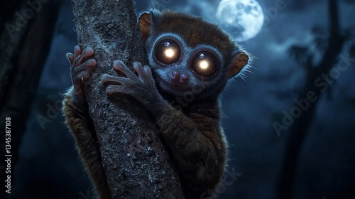 Rare Tarsier gripping a tree branch in the moonlit forests of Borneo its enormous eyes glowing in the darkness