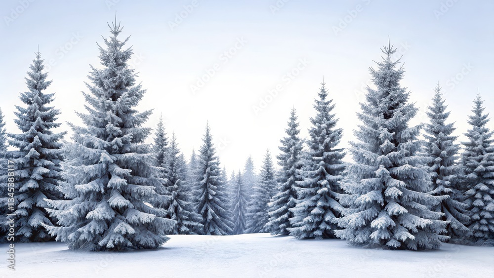 Fototapeta premium Frosty Fir Trees against a White Background during Winter, trees, evergreen, trees, evergreen