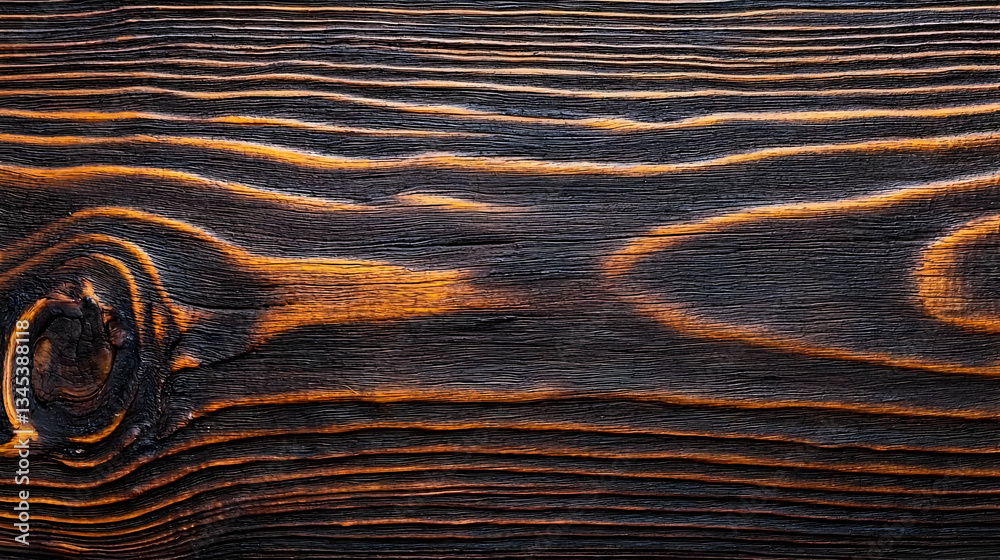 Fototapeta premium Textured Close Up Of Black And Yellow Burnt Wooden Grain Surface With Knots Showing Rustic Natural Pattern Background