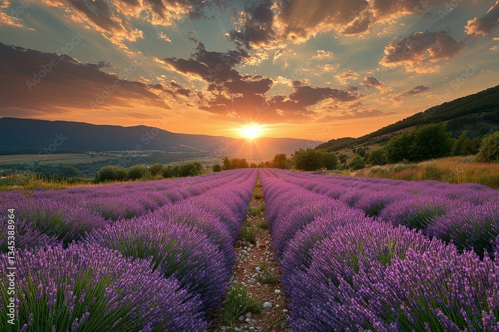 Obraz premium A picturesque lavender field with a beautiful sunset scene