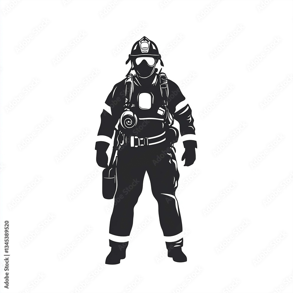 Silhouette of a Courageous Firefighter Standing Ready in Full Gear Vector Silhouette of a Courageous Firefighter Standing Ready in Full Gear Vector