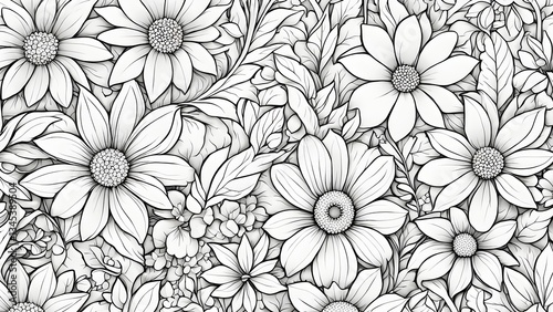 A detailed seamless pattern featuring a monochrome illustration various flowers leaves.