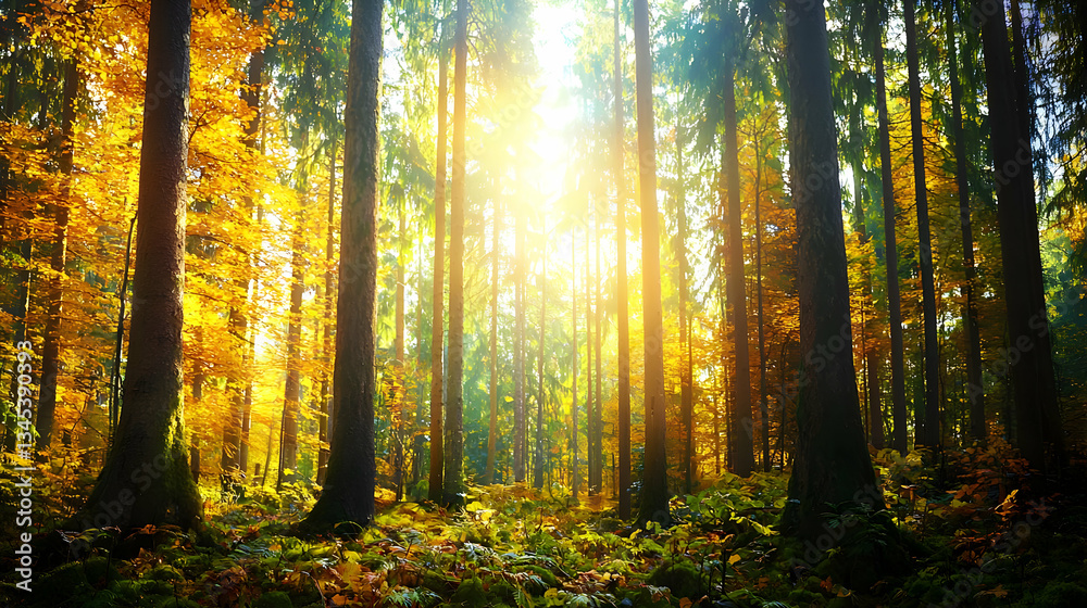 Obraz premium Sunlit Forest Canopy With Golden Autumn Foliage In Vibrant Colors and Light Rays Through Trees