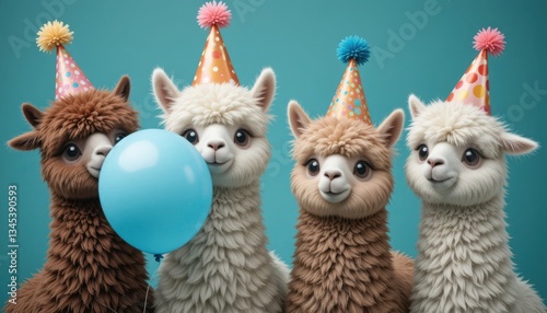 Four fluffy alpacas in party hats pose with a blue balloon on a teal background