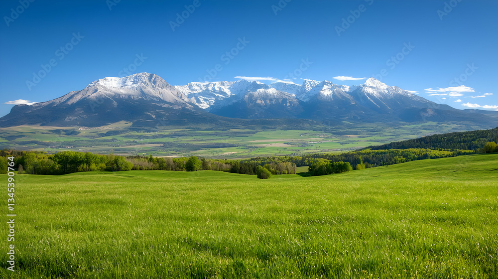 Fototapeta premium Green Field And Mountain Range Under Clear Blue Sky in Daylight