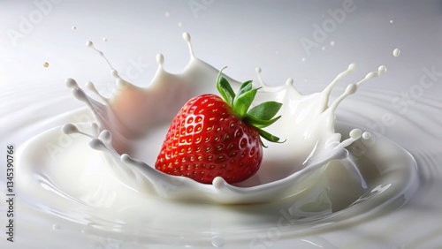 Red strawberry falls into a creamy white milk splash on a smooth surface, refreshment, food,  refreshment