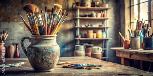A worn-out vase sits on a dusty shelf with a collection of used brushes scattered around it