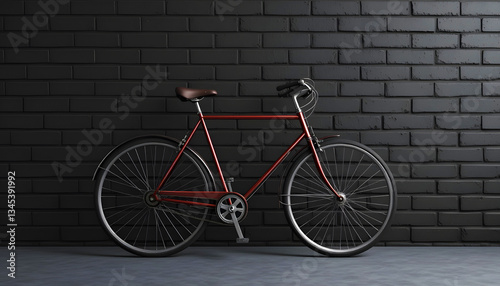 A minimalist composition featuring a vintage bicycle against a stark black brick wall.