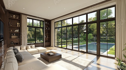 Luxurious great room with expansive windows overlooking a pool and garden