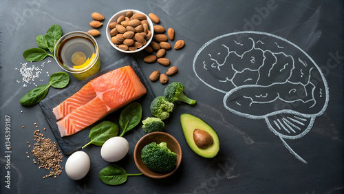 A Vibrant Top-Down Composition of Nutrient-Rich Foods Arranged in a Brain Shape on a Dark Slate Background, Symbolizing Healthy Living and Balanced Nutrition.