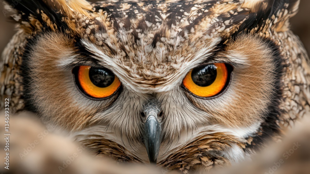 Intense Gaze of an Owl: Close-up Portrait of a Bird of Prey with Bright Orange Eyes Intense Gaze of an Owl: Close-up Portrait of a Bird of Prey with Bright Orange Eyes