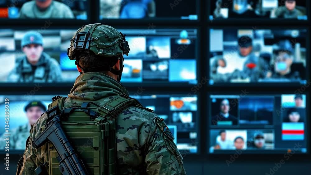 Soldier monitoring multiple screens displaying live feeds in a command center during operations Soldier monitoring multiple screens displaying live feeds in a command center during operations
