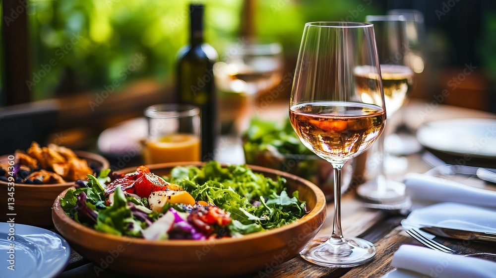 Elegant dinner table with wine, fresh salad, and gourmet dishes Elegant dinner table with wine, fresh salad, and gourmet dishes