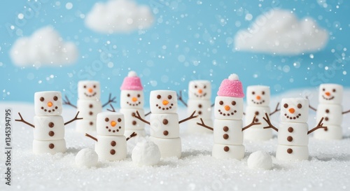 A cheerful group of marshmallow snowmen, decked in candy accessories, relish a snowy day under fluffy clouds in a bright blue sky, with gentle snowflakes falling around them.