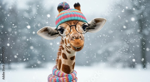 A playful giraffe adorned with a colorful knitted hat and scarf poses amidst a snowy backdrop, exuding charm and whimsy in a winter wonderland. Perfect for seasonal themes and animal lovers.