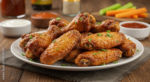 A delicious platter of glazed chicken wings garnished with parsley, accompanied by various dipping sauces and fresh vegetables. Perfect for parties or casual dining.