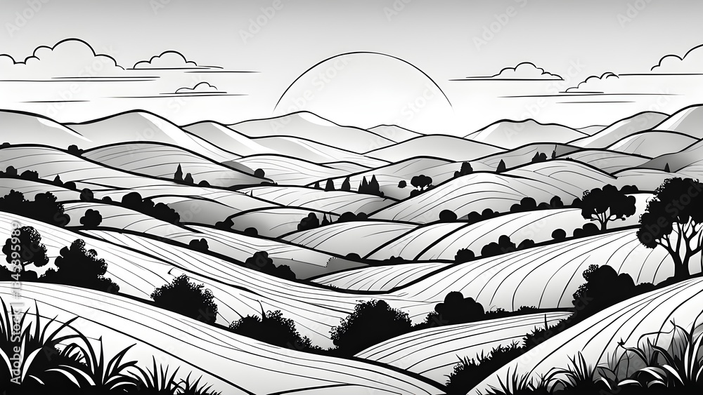 Black white illustration rolling hills under a calm sky.
