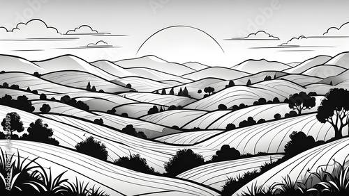 Obraz na płótnie Black white illustration rolling hills under a calm sky. w salonie