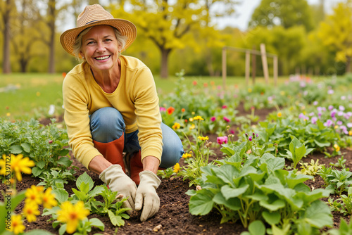 Smiling elderly woman in yellow shirt and hat tending colorful garden with gloves and boots. Spring gardening, vibrant flowers, outdoor activity, nurturing nature and celebrating life’s beauty.