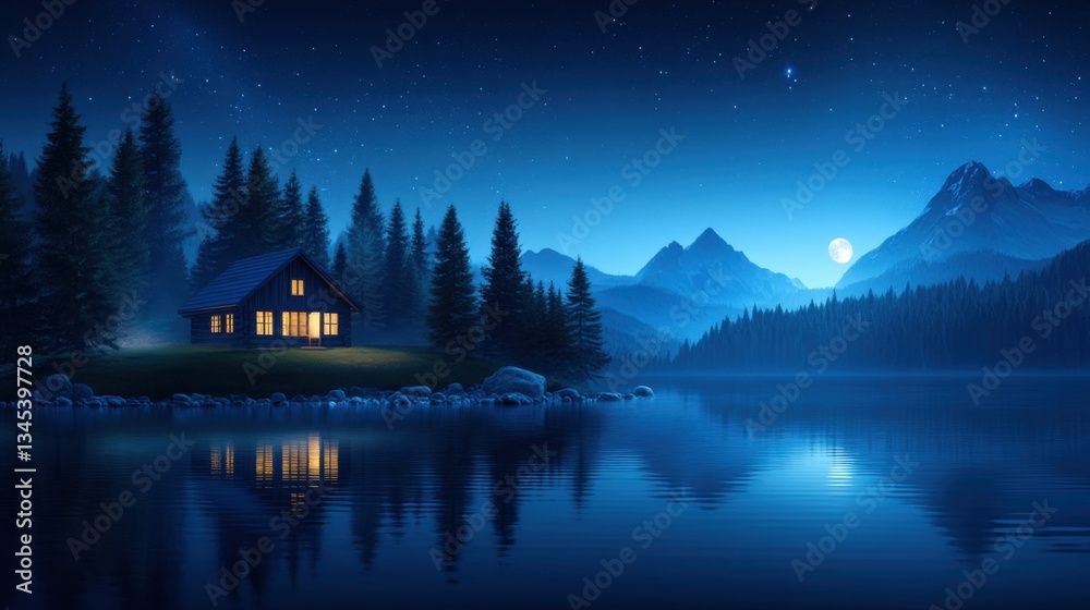 Fototapeta premium Elegant Cabin by Tranquil Lake Under Moonlight Surrounded by Majestic Mountains and Tall Pine Trees